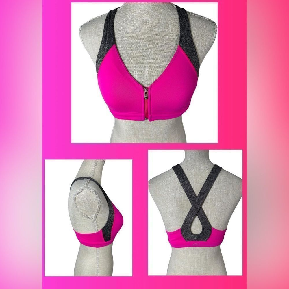 VSX Sport Hot Pink & Silver Glitter Zipper Front Lightly Lined Sports Bra